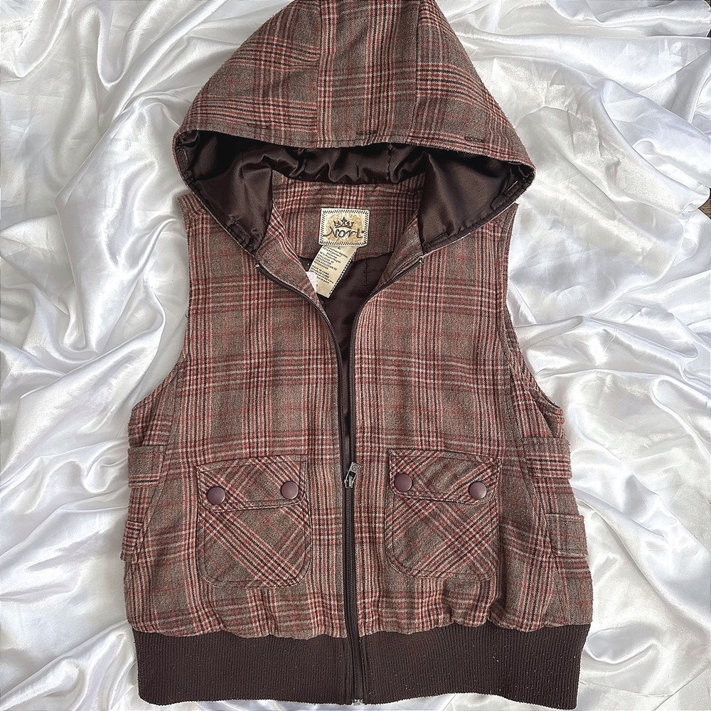 Nori Brown Plaid Hooded Puffer Vest Sleeveless Zip Up Jacket Large